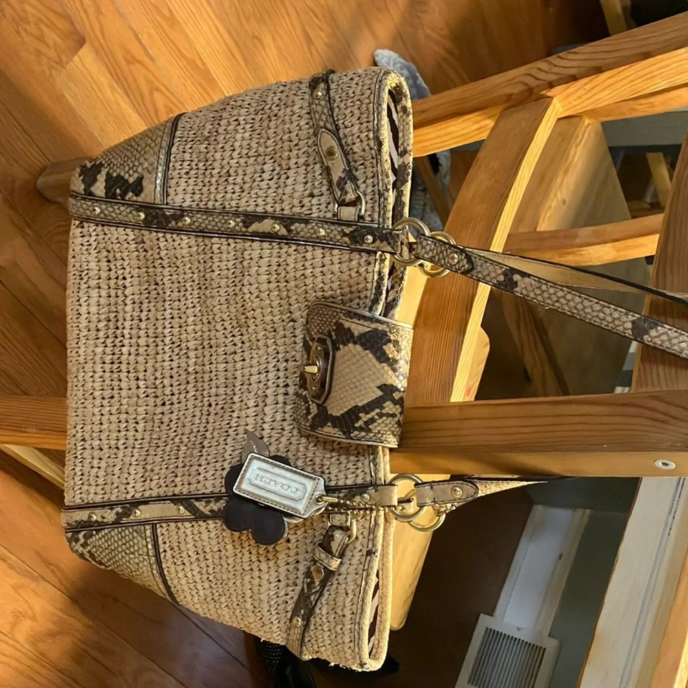 Coach straw Hampton tote python embossed leather trim Y2K beach bag EUC - Picture 3 of 11